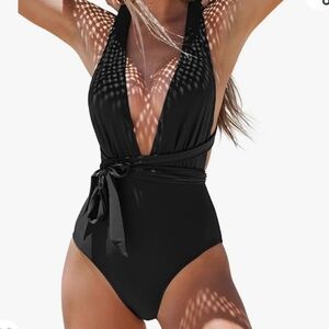 Wrap One Piece Swimsuit Sexy Deep V Neck Bathing Suit Crisscross Back black Sz